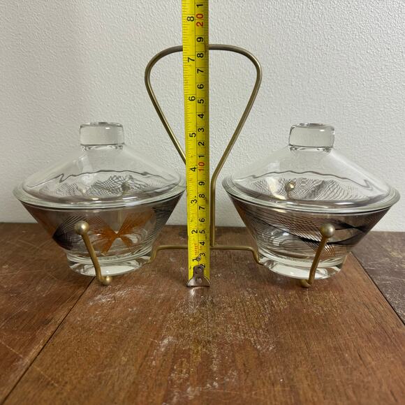 MCM Vintage Retro black gold design glass containers in metal condiment holder - Picture 10 of 10